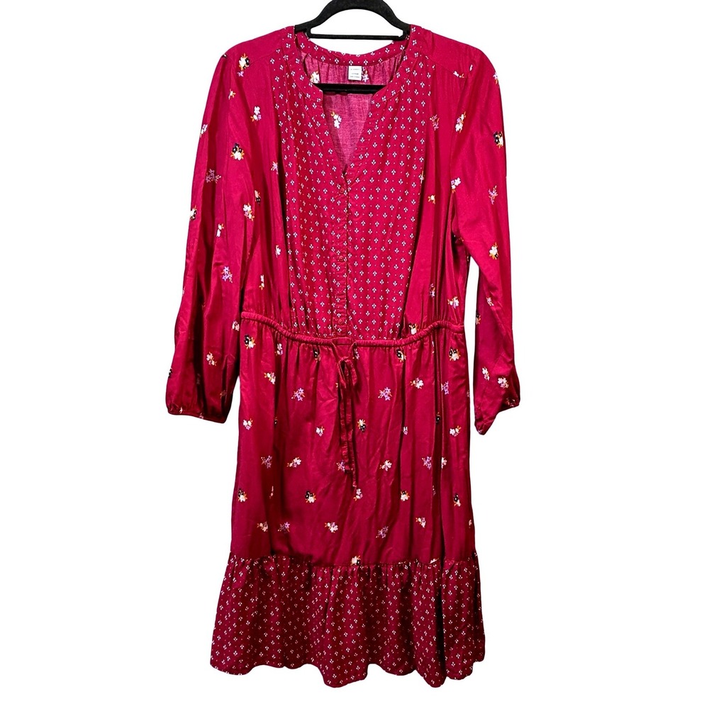 Old Navy Womens 1X Plus Burgundy Floral Henley Button Ruffle Hem Midi Dress Boho